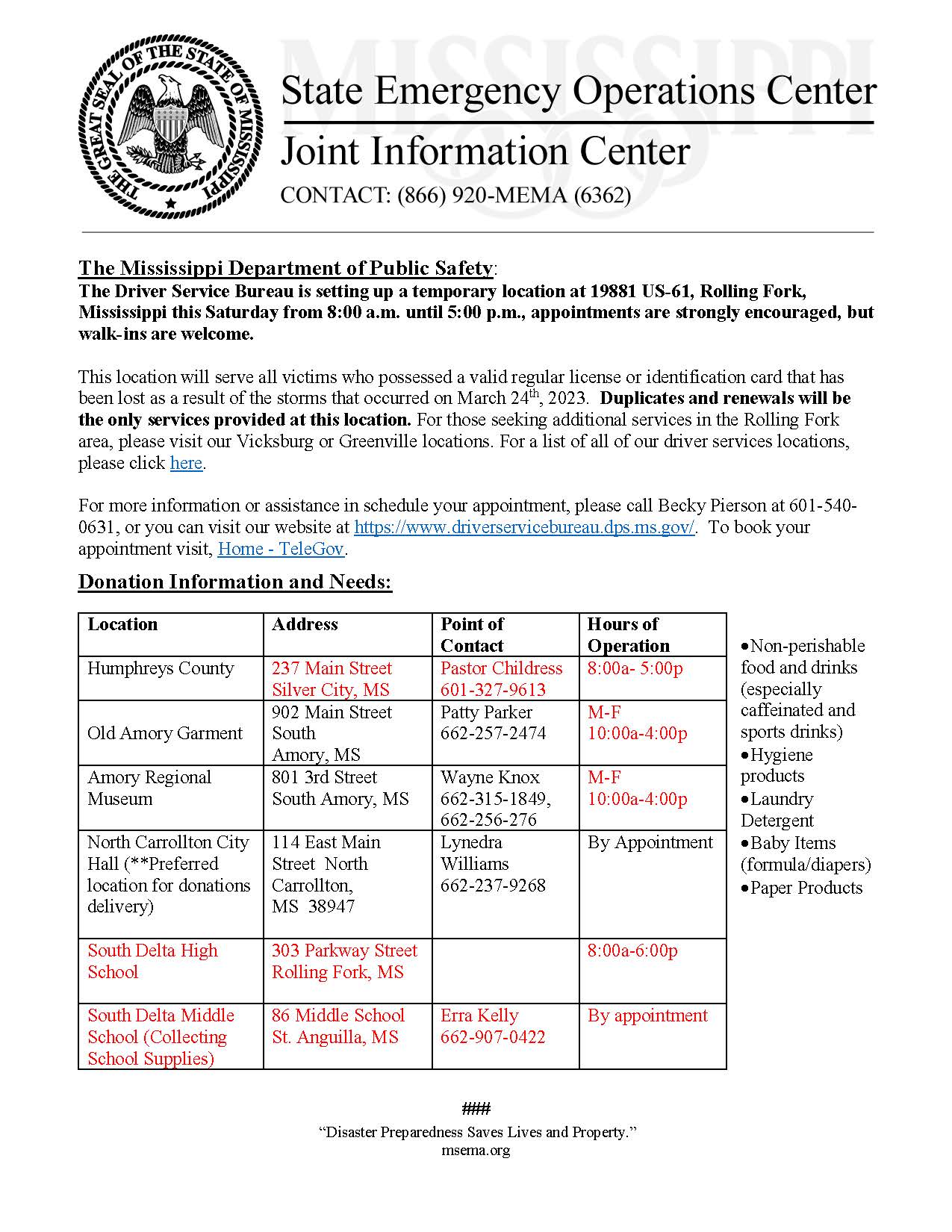 The Mississippi Department of Public Safety, Driver Service Bureau t set up temporary location April 15, 2023, to service Rolling Fork residents with identification and licenses.